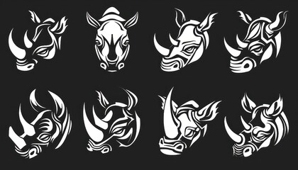 tribal rhino head collection vector, in the style of dark white and light black