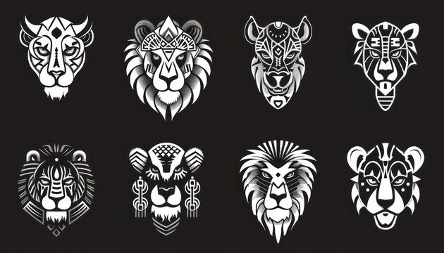 tribal lions head collection vector, in the style of dark white and light black, free brushwork, personal iconography