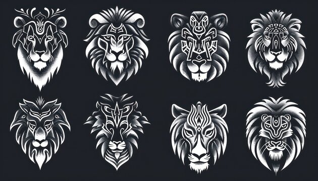 tribal lions head collection vector, in the style of dark white and light black, free brushwork, personal iconography