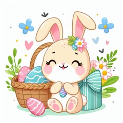 Fototapeta premium Easter bunny surrounded by colorful eggs