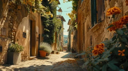  A narrow street with charming potted plants, perfect for urban and travel concepts © Fotograf