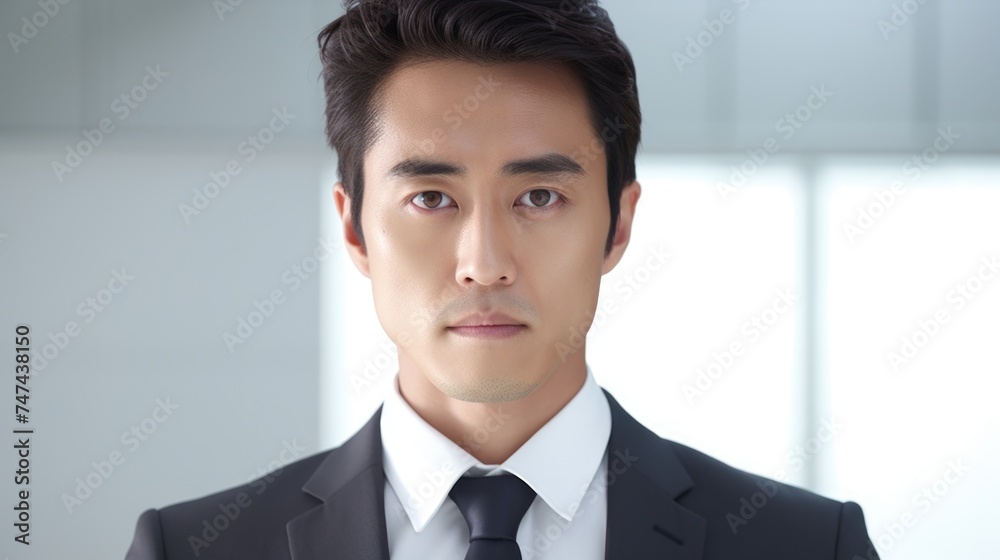 Poster a professional man in a formal suit and tie looking directly at the camera. suitable for business co
