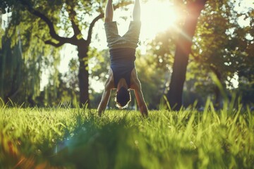 Person doing a handstand in the grass, perfect for fitness or outdoor activities concept - obrazy, fototapety, plakaty
