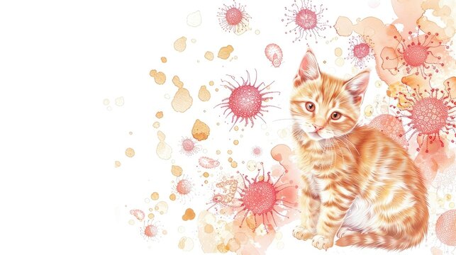 Feline wellness: Cute cat and helminths illustration under a microscope on a white background, banner design.
