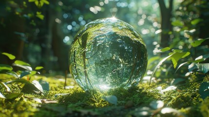 Glass ball on a vibrant green field, perfect for nature concepts