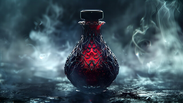 Dark and chic magical elixir, red elixir, witch&rsquo;s brew, ornate bottle, mysterious potion, glowing liquid, white smoke, witchy artifact, rare magical item