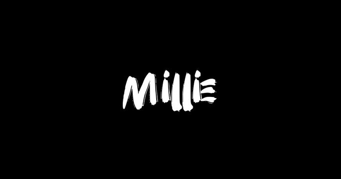 Millie Baby Girl Name in Digital Grunge Transition Effect of Bold Text Typography Animation on Black Background