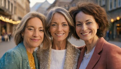  Three mature female friends posing together looking at the camera. Women having fun together outdoor at city street - obrazy, fototapety, plakaty