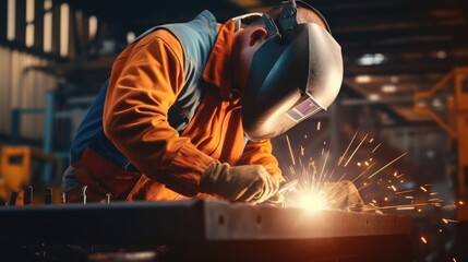 A man in an orange jacket welding a piece of metal. Suitable for industrial and construction concepts - obrazy, fototapety, plakaty