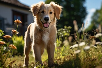 Small dog puppy sitting on the grass in front of the house on a summer day, sunset lighting
