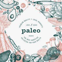 Paleo Diet Design Template. Vector Hand Drawn Healthy Food Banner. Vintage Style Menu Illustration. - 747438952