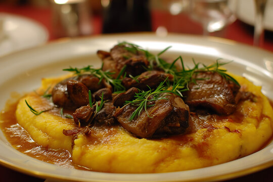 A plate of polenta e osei, a traditional Lombard dish made with polenta (a type of cornmeal porridge) and small game birds