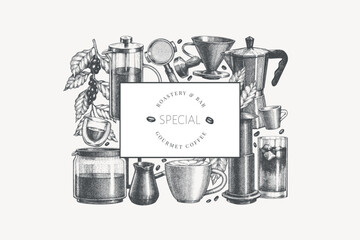Alternative Coffee Makers Illustration. Vector Hand Drawn Specialty Coffee Equipment Banner. Vintage Style Coffee Bar Design - 747439104
