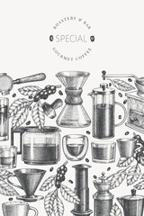 Alternative Coffee Makers Illustration. Vector Hand Drawn Specialty Coffee Equipment Banner. Vintage Style Coffee Bar Design - 747439111