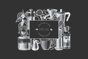 Alternative Coffee Makers Chalk Board Illustration. Vector Hand Drawn Specialty Coffee Equipment Banner. Vintage Style Coffee Bar Design - 747439130