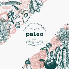 Paleo Diet Design Template. Vector Hand Drawn Healthy Food Banner. Vintage Style Menu Illustration. - 747439136