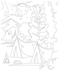 Camping coloring page for kinds and adults ,camping book page 