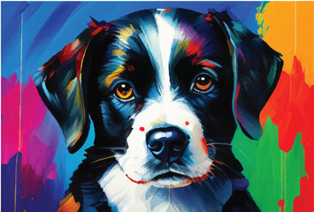 Cute Dog oil painting. portrait of a dog with eyes. Multi-color oil painting of a cute dog. Abstract dog oil painting. Cute face. Oil painting. dog by oil painting.  