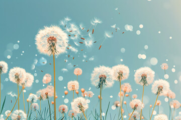 Dandelion field with seeds dispersing in the breeze on a clear day - obrazy, fototapety, plakaty