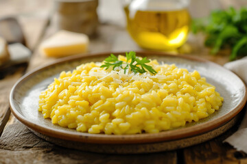 A plate of risotto alla milanese, a creamy rice dish from Milan made with saffron, butter, and Parmesan cheese - obrazy, fototapety, plakaty