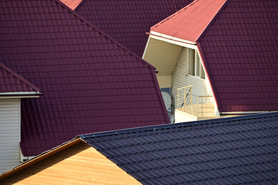 Colorful metal tile roofs closeup