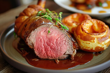A plate of roast beef and Yorkshire pudding, a traditional Sunday roast dinner in England