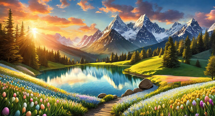Amazing Easter landscape with easter eggs and flowers on mountain background - obrazy, fototapety, plakaty