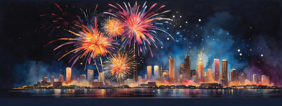 Vibrant watercolor fireworks display against a nighttime city skyline.