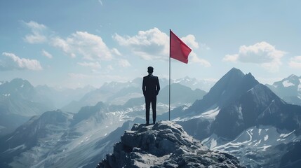 A Businessman Standing on Top of a Mountain with a Red Flag - obrazy, fototapety, plakaty