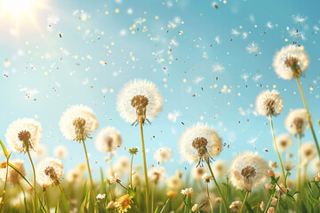 Dandelion seeds blowing in the wind under a bright sunlit sky