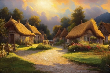 Oil painting of a Beautiful Village. Oil painting - houses in the village. Old historic Village. Oil paintings rural landscape. A rustic village scene, bathed in the ethereal glow of a heaven.  - obrazy, fototapety, plakaty