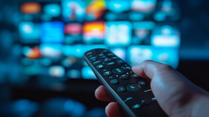 close-up view of a hand holding a television remote control with a blurred television screen in the background, displaying colorful images.