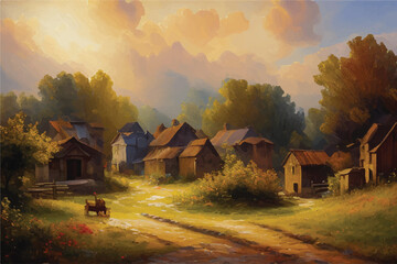 Oil painting of a Beautiful Village. Oil painting - houses in the village. Old historic Village. Oil paintings rural landscape. A rustic village scene, bathed in the ethereal glow of a heaven.  - obrazy, fototapety, plakaty