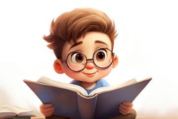 cute little boy reading book on white background