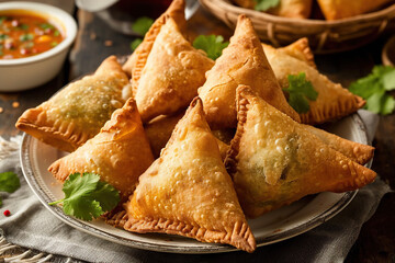 A plate of samosas, a fried or baked pastry with a savory filling, such as spiced potatoes, onions, peas, meat, or lentils. - obrazy, fototapety, plakaty