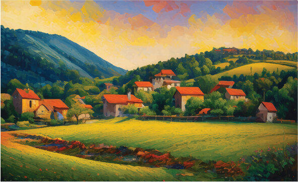Oil painting of a Beautiful Village. Oil painting - houses in the village. Old historic Village. Oil paintings rural landscape. A rustic village scene, bathed in the ethereal glow of a heaven. 