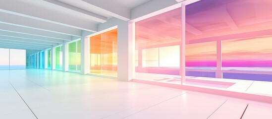 The image shows an empty room with multicolored windows. The abstract white and colored gradient glasses create a vibrant and unique atmosphere in this multilevel public space.