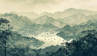 an image of an asian landscape in the style of muted earth tones Generative AI