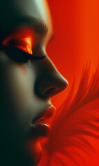 Close-up of woman face from side  view with red lips and make-up in sensuality and fragility concepts