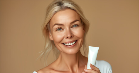 Skin care and body lotions concept with smiling old woman holding blank tube of cream on plane...
