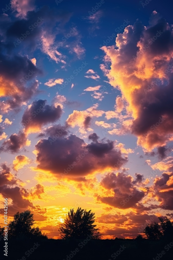 Poster a serene sunset with clouds and trees in the foreground. suitable for nature and landscape themes