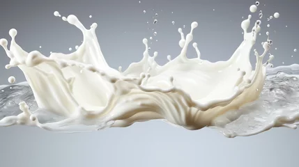Fotobehang Dynamic milk splash on gray background, high-speed photography, liquid motion, white drink drops © amixstudio