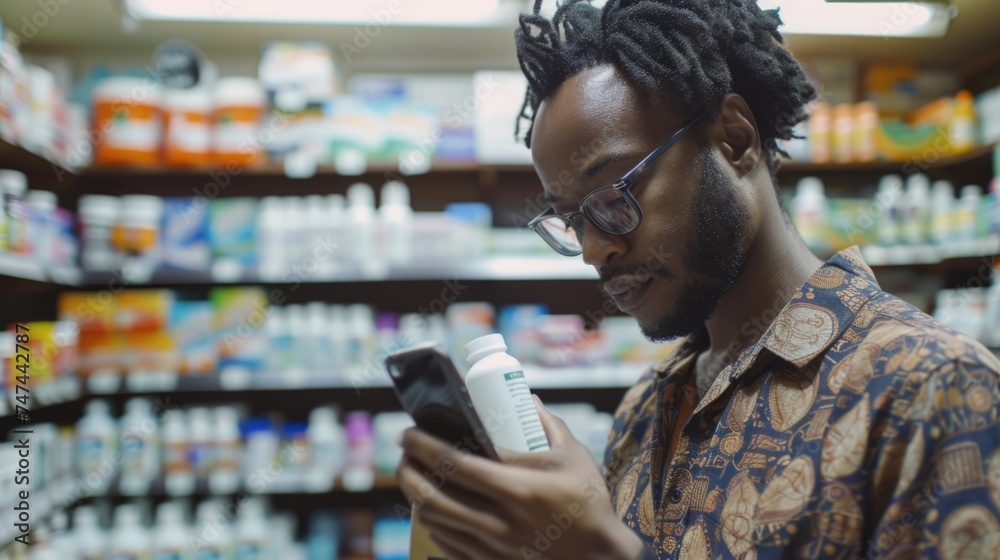 Poster a man checking his phone in a retail store. suitable for technology and retail concepts
