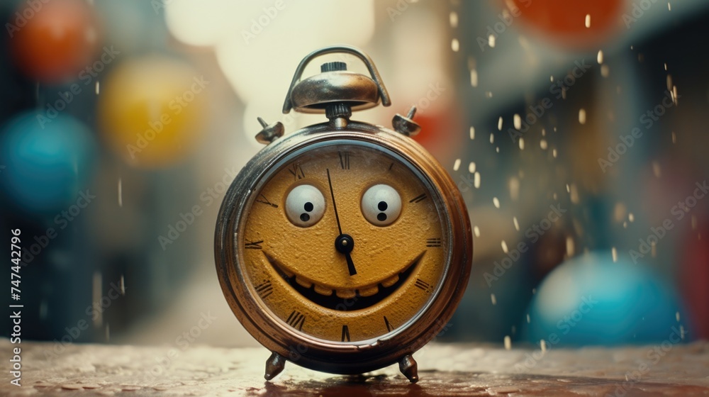 Poster a cheerful alarm clock with a smiley face, perfect for waking up with a smile. can be used for morni