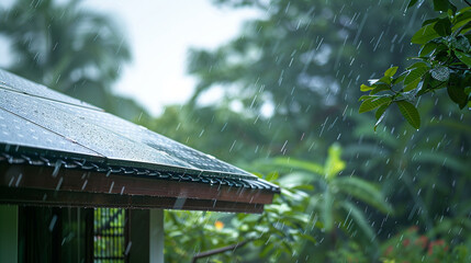 Solar panels on the gable roof of a house during a rainy day, showcasing their durability and all-weather functionality, solar panels on the gable roof, blurred background, with co - obrazy, fototapety, plakaty