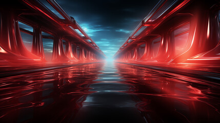 Futuristic red corridor with reflective floor and LED lights, sci-fi tunnel background