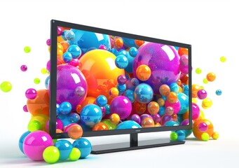 color bubbles and tv sits on a stand against a black background, isolated