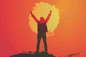 Silhouette of a person with arms raised against a vibrant sunset