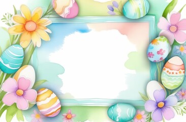 Fototapeta na wymiar Easter border of eggs, spring flowers, bows, Easter bunny with copy space in the middle. Happy Easter background. Flat lay, top view, copyspace. Pastel colors frame, free place for text. Banner design