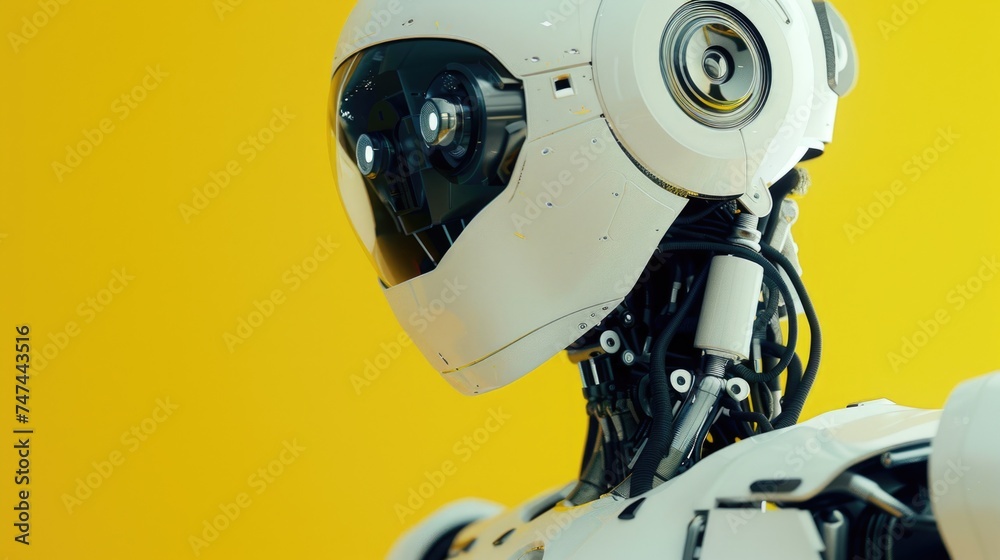 Poster close-up shot of a robot's head on a vibrant yellow background. ideal for technology and futuristic 